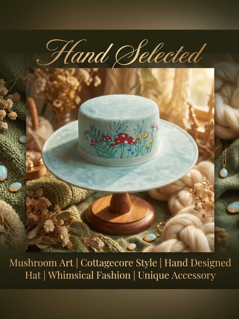 Hand made, hand designed aquamarine felt hat
